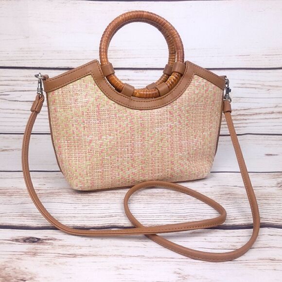 Vintage Fossil Pink and Tan Straw Purse Shoulder Crossbody Bag Wooden Handles - Picture 1 of 15